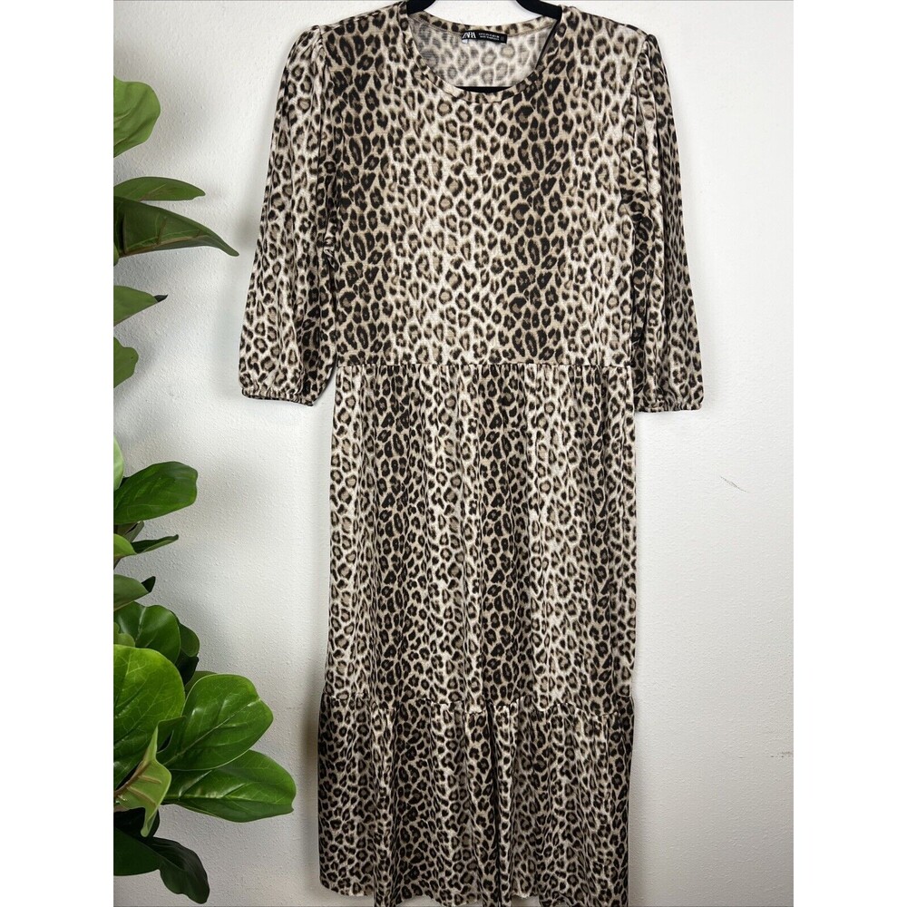 Zara Dress Womens Small Cheetah Midi Tiered‎ Boho Cottagecore Bohemian Bloggers